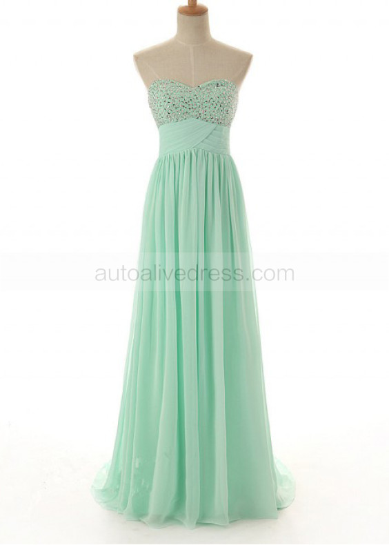 A-line Strapless Sweetheart Neck Green Chiffon Beaded Bridesmaid Dress